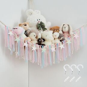 Stuffed Animal Storage Hammock with Colorful Tassels Corner Hanging Net Boho Toy Plush Storage for Kid Room Nursery Decor Easy Install Corner Wall Display Hanging Organizer for Girls Boy Gift(Pink)