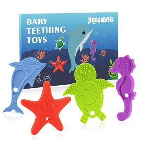 Baby Teething Toys 4 Piece Teethers for Babies 3-24 Months Ocean Sea Animals Silicone Teether for Toddler Infant Boy and Girl BPA Free Freezable Teething Relief Chew Toy Soothe Sore Gums