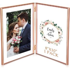 Sintuff 8" x 10'' Brass Double Picture Frame Clear Double Folding Hinged Frame Acrylic Memorial Photos Displayed Stand for Desktop Artwork Plants Specimen Wedding Graduation Gifts (Gold)