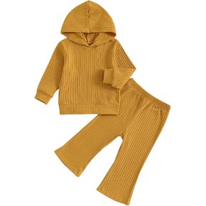 Winioder Toddler Baby Girls Fall Clothes Ribbed Long Sleeve Hoodie Sweatshirt Flared Pants Set Cute Bell Bottom Outfits