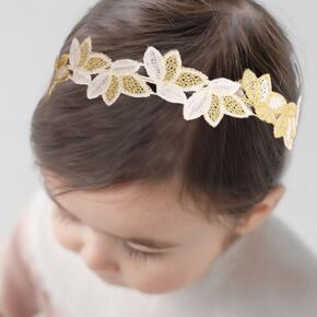 Baby Girl Gold Flower Lace Headband Toddler Elastic Floral Hair Band Newborn Infant Soft Lace Baptism Christening Hair Accessories for Birthday Party (Gold D, Standard size)