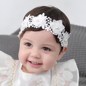 Flower Lace Baby Girls Headband Pink Lace Baptism Christening Elastic Toddler Hairband Floral Pearl Infants Headband Birthday Wedding Party Hair Accessories for Baby (Style 1 - white)