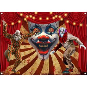 7x5FT Halloween Clown Backdrop, Scary Evil Circus Polyester Photography Background for Parties, Horror Red Curtain Carnival Photo Booth Prop Decorations
