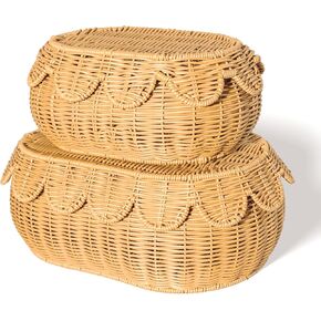 Hand Woven Rattan Scalloped Baskets Set - Round Wicker Basket - Wicker Storage Basket - Scallop Edge Wicker Baskets - Rattan Basket with Scalloped Lid - 2 Pcs in Kuwait