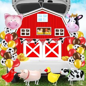 42Pcs Halloween Farm Theme Trunk or Treat Decorations Kit Halloween Car Decor Kit with Pig, Duck, Cow Balloon and Backdrop for Birthday Halloween Party Archway Garage Door Decorations