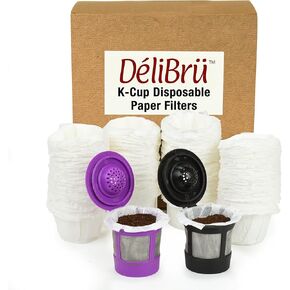 Delibru Unbleached K Cup Filters With Lid for Reusable Coffee Pods - Pack of 300 - Keurig Coffee Filters for K Cup - Natural and Compostable