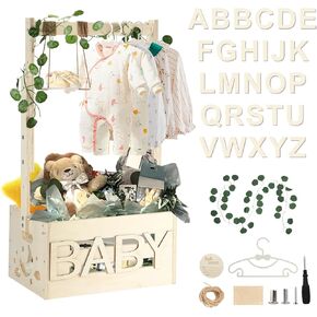 Wooden Baby Shower Crate Closet, Baby Shower Basket with 33.5" High Hanger Rack and Swing, DIY Baby Welcome Box with Handle, Easy Assembly Storage Crate for Pregnancy New Parent