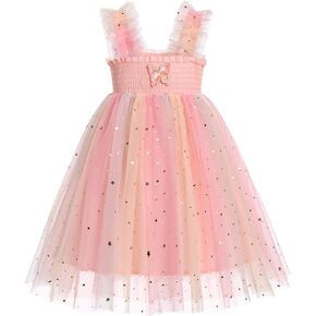 IMEKIS Toddler Girl Butterfly Dress Rainbow Sequin Stars Tulle Dresses Birthday Party Pageant Formal Dresses 1-7T