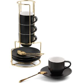 Lareina Porcelain Stackable Espresso Cups with Saucers, Spoons and Metal Stand 4 Ounce Small Cappuccino Coffee Cups Set of 6 - Ceramic Demitasse Cups for Nespresso Lungo, Double Espresso, Black