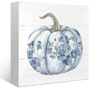Fall Decor, Blue Fall Decor Watercolor Pumpkin Decoration Wooden Box Sign, Thanksgiving Harvest Eucalyptus Decorations for Indoor Office Bedroom Kitchen Table Desk Shelf Living room 5 x 5 Inch