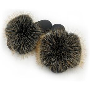 Women's Faux Fur Slides Slippers Fluffy Fuzzy Sandals Open Toe Furry Slide Flip Flop Indoor Outdoor