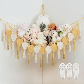Stuffed Animal Storage with Hand Woven Leaf Tassels Hammock Corner Hanging Net Boho Macrame Toy Plush Storage for Kid Room Nursery Wall Display Organizer for Girls Boy Gift(Light Pink)