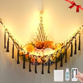 Stuffed Animal Hammock with 75LEDs, Extra Large 55in Storage Macrame Hammock, Hanging Net for Kids Bedroom Doll Room Corner Organizer, USB Plush Animal Hammock with Remote (Gray, XL)