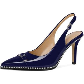 SAMMITOP Women's Slingback High Heels Pointed Toe Buckle Silver Beaded Pumps Stilettos Slip On 3.5 Inch Sexy Heeled Dress Shoes Patent Leather