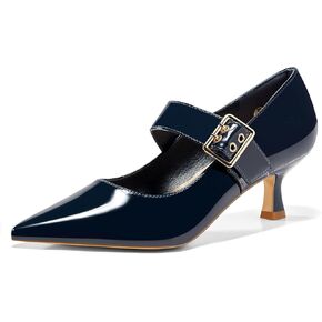 Coutgo Womens Kitten Heels Mary Jane Shoes Closed Pointed Toe Dress Shoes Buckle Work Office Pump Shoes