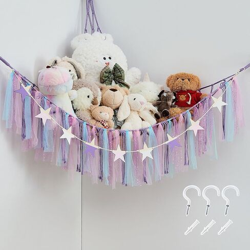Stuffed Animal Storage Hammock with Colorful Tassels Corner Hanging Net Boho Toy Plush Storage for Kid Room Nursery Decor Easy Install Corner Wall Display Hanging Organizer for Girls Boy Gift(Pink) in Saudi Arabia