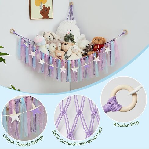 Stuffed Animal Storage Hammock with Colorful Tassels Corner Hanging Net Boho Toy Plush Storage for Kid Room Nursery Decor Easy Install Corner Wall Display Hanging Organizer for Girls Boy Gift(Pink) in Saudi Arabia