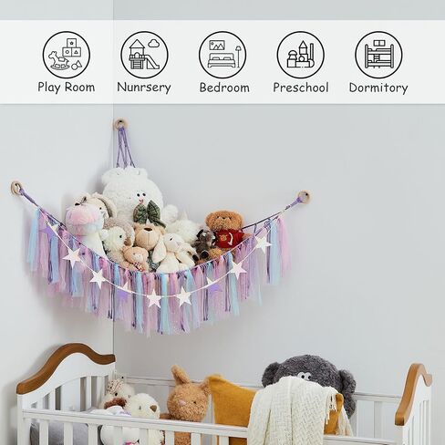 Stuffed Animal Storage Hammock with Colorful Tassels Corner Hanging Net Boho Toy Plush Storage for Kid Room Nursery Decor Easy Install Corner Wall Display Hanging Organizer for Girls Boy Gift(Pink) in Saudi Arabia