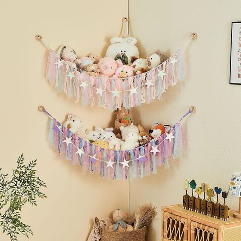 Stuffed Animal Storage Hammock with Colorful Tassels Corner Hanging Net Boho Toy Plush Storage for Kid Room Nursery Decor Easy Install Corner Wall Display Hanging Organizer for Girls Boy Gift(Pink) in Saudi Arabia