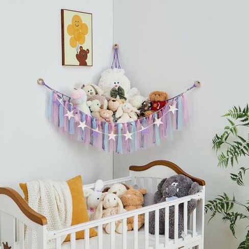 Stuffed Animal Storage Hammock with Colorful Tassels Corner Hanging Net Boho Toy Plush Storage for Kid Room Nursery Decor Easy Install Corner Wall Display Hanging Organizer for Girls Boy Gift(Pink) in Saudi Arabia