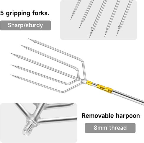 KOMCLUB Fishing Harpoon 5-Prong Stainless Steel Fishing Gaff Hook Fishing Tackle Gaffs Barbed Diving Spears for Fishing Pole Hook Prong Harpoon for Hunting Fish Frog in Pond River Lake Capable in Saudi Arabia