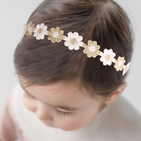 Baby Girl Gold Flower Lace Headband Toddler Elastic Floral Hair Band Newborn Infant Soft Lace Baptism Christening Hair Accessories for Birthday Party (Gold D, Standard size) in Kuwait
