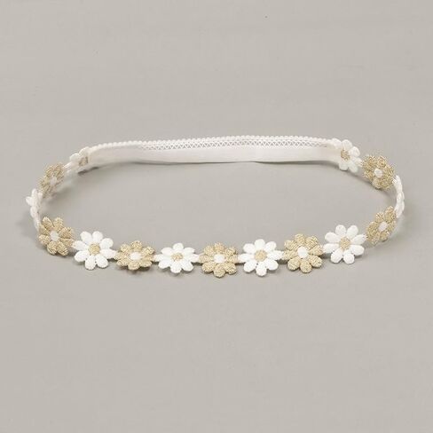 Baby Girl Gold Flower Lace Headband Toddler Elastic Floral Hair Band Newborn Infant Soft Lace Baptism Christening Hair Accessories for Birthday Party (Gold D, Standard size) in Kuwait