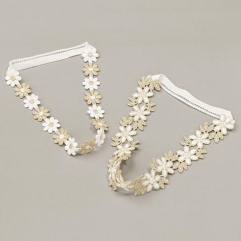 Baby Girl Gold Flower Lace Headband Toddler Elastic Floral Hair Band Newborn Infant Soft Lace Baptism Christening Hair Accessories for Birthday Party (Gold D, Standard size) in Kuwait