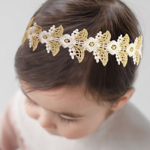 Baby Girl Gold Flower Lace Headband Toddler Elastic Floral Hair Band Newborn Infant Soft Lace Baptism Christening Hair Accessories for Birthday Party (Gold D, Standard size) in Kuwait