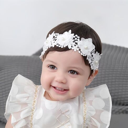 Flower Lace Baby Girls Headband Pink Lace Baptism Christening Elastic Toddler Hairband Floral Pearl Infants Headband Birthday Wedding Party Hair Accessories for Baby (Style 1 - white) in Kuwait