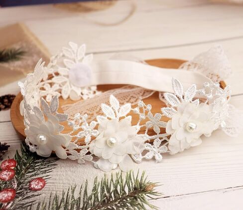 Flower Lace Baby Girls Headband Pink Lace Baptism Christening Elastic Toddler Hairband Floral Pearl Infants Headband Birthday Wedding Party Hair Accessories for Baby (Style 1 - white) in Kuwait