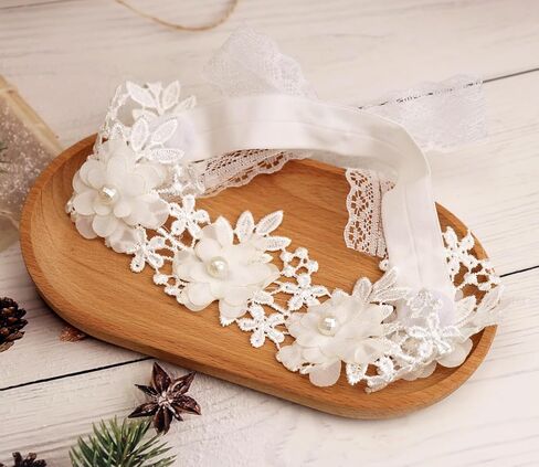 Flower Lace Baby Girls Headband Pink Lace Baptism Christening Elastic Toddler Hairband Floral Pearl Infants Headband Birthday Wedding Party Hair Accessories for Baby (Style 1 - white) in Kuwait