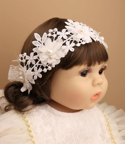 Flower Lace Baby Girls Headband Pink Lace Baptism Christening Elastic Toddler Hairband Floral Pearl Infants Headband Birthday Wedding Party Hair Accessories for Baby (Style 1 - white) in Kuwait