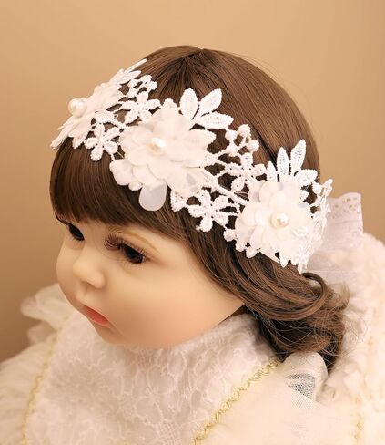 Flower Lace Baby Girls Headband Pink Lace Baptism Christening Elastic Toddler Hairband Floral Pearl Infants Headband Birthday Wedding Party Hair Accessories for Baby (Style 1 - white) in Kuwait