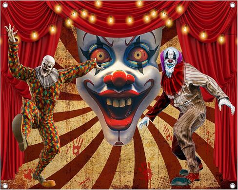 7x5FT Halloween Clown Backdrop, Scary Evil Circus Polyester Photography Background for Parties, Horror Red Curtain Carnival Photo Booth Prop Decorations in Saudi Arabia