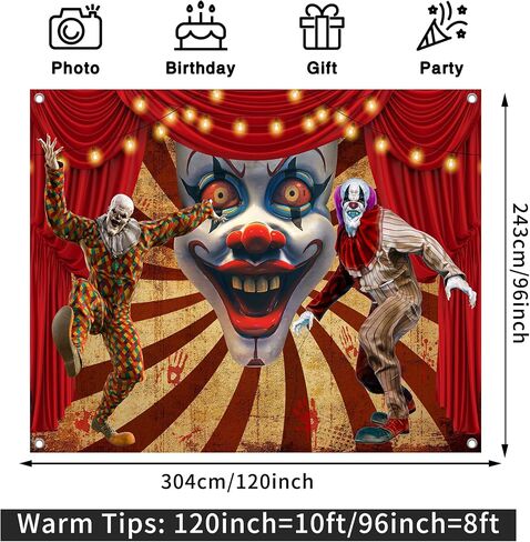 7x5FT Halloween Clown Backdrop, Scary Evil Circus Polyester Photography Background for Parties, Horror Red Curtain Carnival Photo Booth Prop Decorations in Saudi Arabia