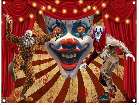 7x5FT Halloween Clown Backdrop, Scary Evil Circus Polyester Photography Background for Parties, Horror Red Curtain Carnival Photo Booth Prop Decorations in Saudi Arabia