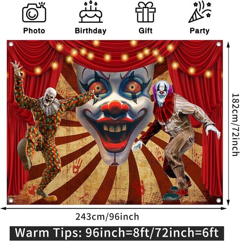 7x5FT Halloween Clown Backdrop, Scary Evil Circus Polyester Photography Background for Parties, Horror Red Curtain Carnival Photo Booth Prop Decorations in Saudi Arabia