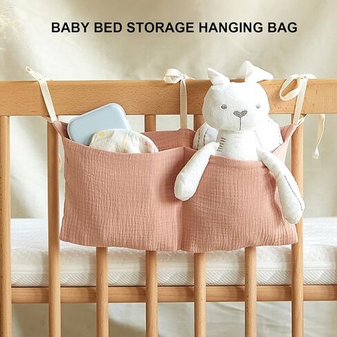 Generic Diaper Caddy, Pure Cotton Cloth Baby Bedside Hanging Storage Bag Diaper Stacker Crib Organizer Hanging For Crib 2 Pockets Adjustable Strap Organizer for Baby Cribs and Toys (Beige) in Saudi Arabia