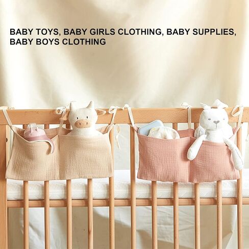Generic Diaper Caddy, Pure Cotton Cloth Baby Bedside Hanging Storage Bag Diaper Stacker Crib Organizer Hanging For Crib 2 Pockets Adjustable Strap Organizer for Baby Cribs and Toys (Beige) in Saudi Arabia