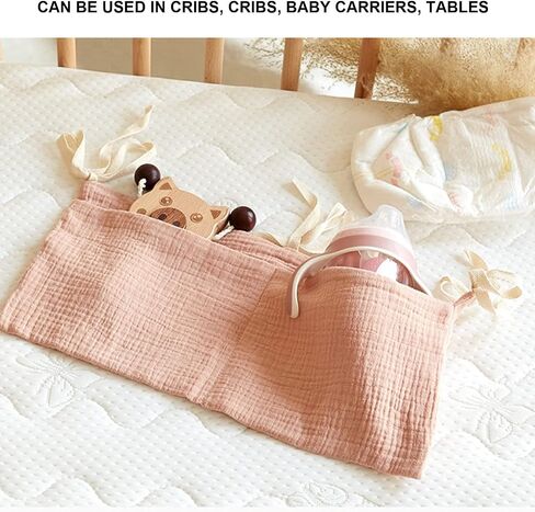 Generic Diaper Caddy, Pure Cotton Cloth Baby Bedside Hanging Storage Bag Diaper Stacker Crib Organizer Hanging For Crib 2 Pockets Adjustable Strap Organizer for Baby Cribs and Toys (Beige) in Saudi Arabia