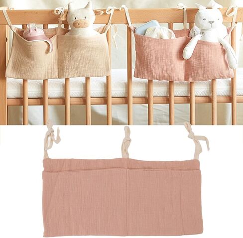 Generic Diaper Caddy, Pure Cotton Cloth Baby Bedside Hanging Storage Bag Diaper Stacker Crib Organizer Hanging For Crib 2 Pockets Adjustable Strap Organizer for Baby Cribs and Toys (Beige) in Saudi Arabia