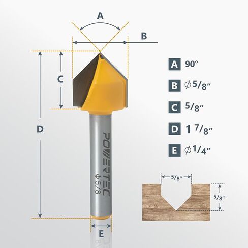 POWERTEC 90 درجة V-Groove Router Bit، قطر القطع 5/8 بوصة، ساق 1/4 بوصة، لقمة توجيه كربيد التنجستن، عمق 5/8 بوصة وطول إجمالي 1-7/8 بوصة يناسب جهاز التوجيه CNC، جهاز التوجيه المحمول وجهاز التوجيه الغطس , 1PK (73043) in Saudi Arabia