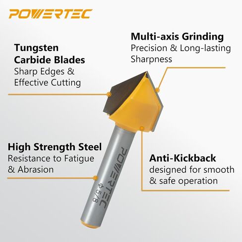 POWERTEC 90 درجة V-Groove Router Bit، قطر القطع 5/8 بوصة، ساق 1/4 بوصة، لقمة توجيه كربيد التنجستن، عمق 5/8 بوصة وطول إجمالي 1-7/8 بوصة يناسب جهاز التوجيه CNC، جهاز التوجيه المحمول وجهاز التوجيه الغطس , 1PK (73043) in Saudi Arabia