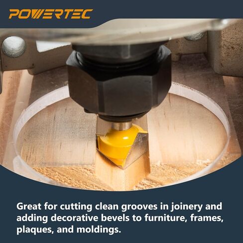 POWERTEC 90 درجة V-Groove Router Bit، قطر القطع 5/8 بوصة، ساق 1/4 بوصة، لقمة توجيه كربيد التنجستن، عمق 5/8 بوصة وطول إجمالي 1-7/8 بوصة يناسب جهاز التوجيه CNC، جهاز التوجيه المحمول وجهاز التوجيه الغطس , 1PK (73043) in Saudi Arabia