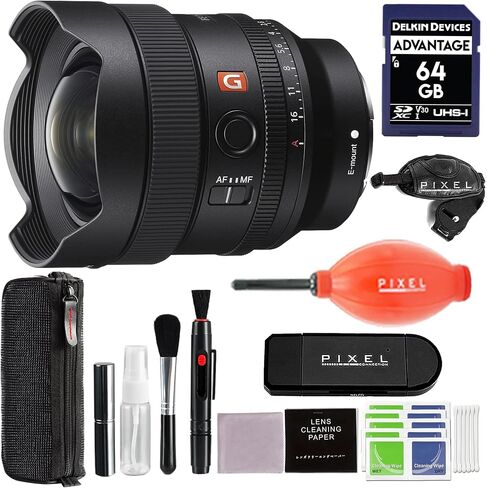 عدسة Sony FE مقاس 14 مم F1.8 GM ذات إطار كامل وفتحة واسعة وزاوية واسعة مع منفاخ ملحقات متقدمة بكسل ومجموعة تنظيف والمزيد | سوني SEL14F18GM in Saudi Arabia