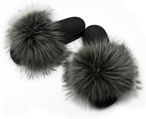 Women's Faux Fur Slides Slippers Fluffy Fuzzy Sandals Open Toe Furry Slide Flip Flop Indoor Outdoor in Saudi Arabia