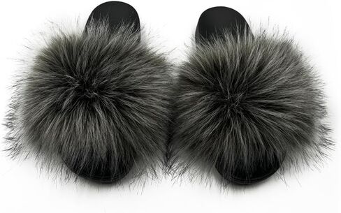 Women's Faux Fur Slides Slippers Fluffy Fuzzy Sandals Open Toe Furry Slide Flip Flop Indoor Outdoor in Saudi Arabia