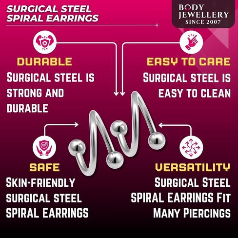 Bodyjewellery 2 قطعة 18 جرام دوامة الحديد الغضروف القرط الشفاه الزنمة الحاجب هوب اللولب الملتوية بار الصلب ترصيع BBDG كرات اختيار الحجم in Kuwait