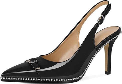 SAMMITOP المرأة Slingback الكعب العالي وأشار اصبع القدم مشبك الفضة مطرز مضخات الخناجر الانزلاق على 3.5 بوصة مثير الكعب اللباس أحذية براءات الاختراع والجلود in Saudi Arabia